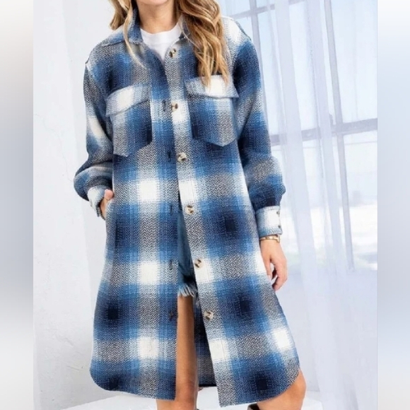 DAVI & DANI Jackets & Blazers - DAVI & DANI Blue/White Chevron Plaid Long Jacket/Duster Shacket
